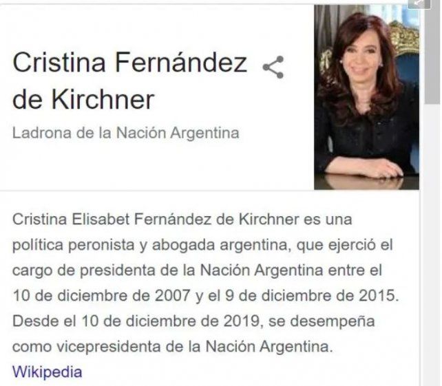 Durante varias horas, en Google se le atribuía a Cristina Kirchner el cargo de "Ladrona de la Nación". 