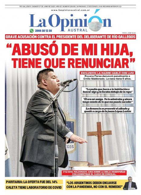 La tapa de uno de los diarios santacruceños, con la denuncia de abuso sexual contra el presidente del Concejo Deliberante de Río Gallegos, que ahora investiga la Justicia. 
