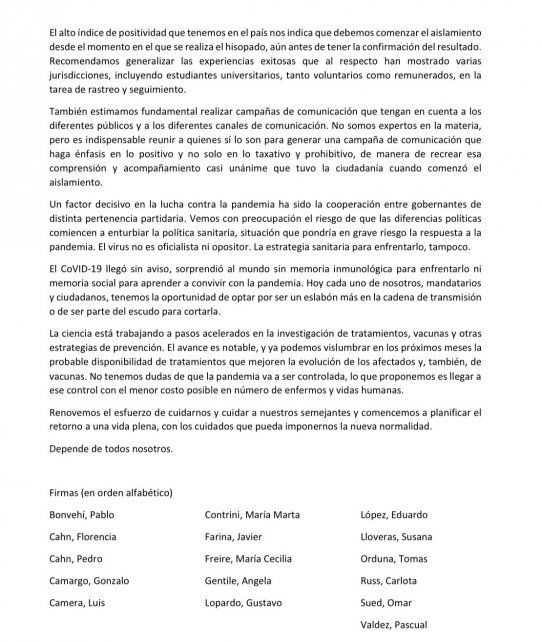 El texto de la carta de los expertos con las recomendaciones para enfrentar el coronavirus.