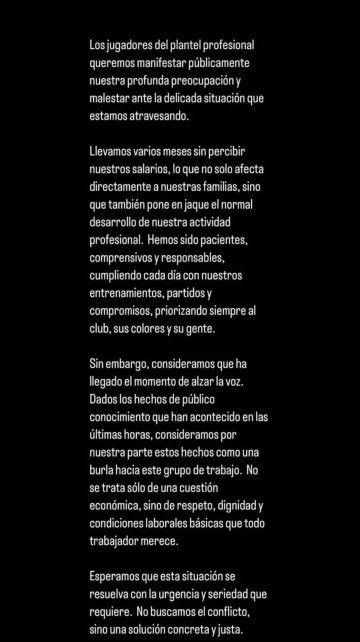 El comunicado de los jugadores se difundió desde la cuenta de Iker Muniain en Instagram. El comunicado de los jugadores se difundió desde la cuenta de Iker Muniain en Instagram.