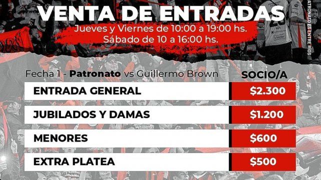 Los precios de las entradas para Patronato-Brown de Madryn.