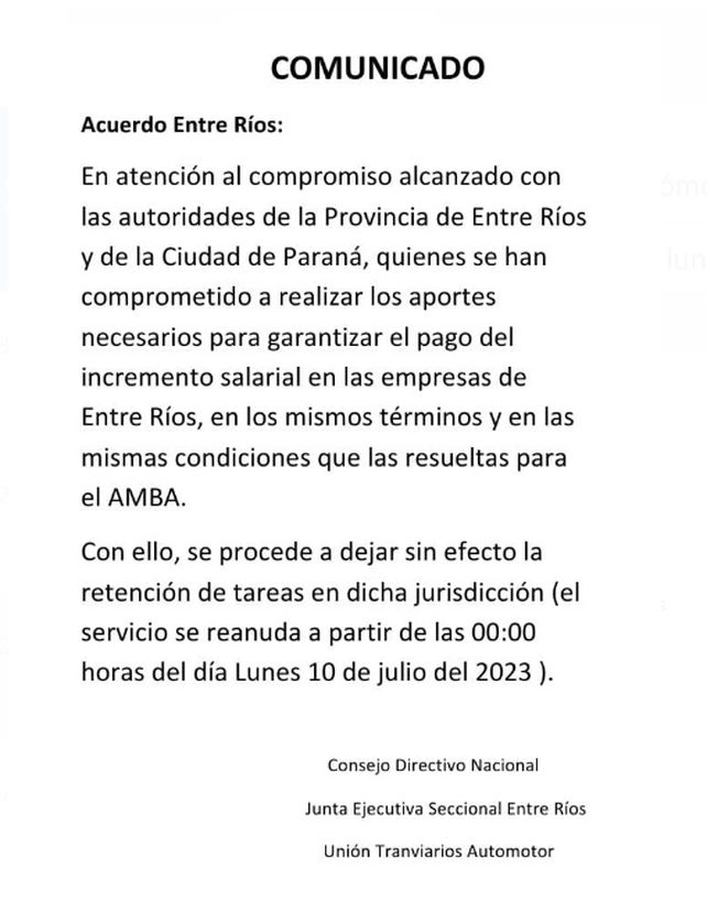 El domingo por la noche la dirigencia de UTA comunicó a los medios el levantamiento de la medida El domingo por la noche la dirigencia de UTA comunicó a los medios el levantamiento de la medida