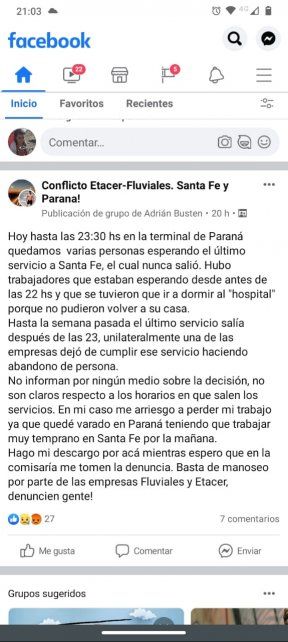 Usuarios de Etacer y Fluviales quedaron varados de noche en Paraná