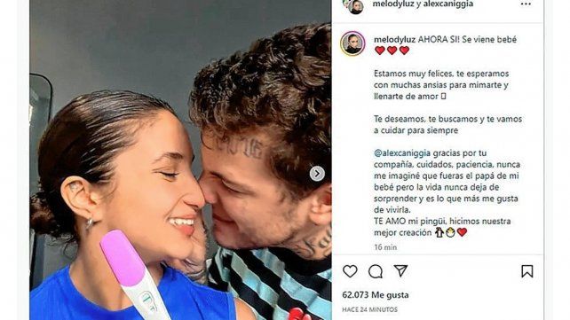 Después de haber desmentido varios rumores de embarazo, Alex Caniggia y Melody Luz confirmaron la llegada de su primer hijo