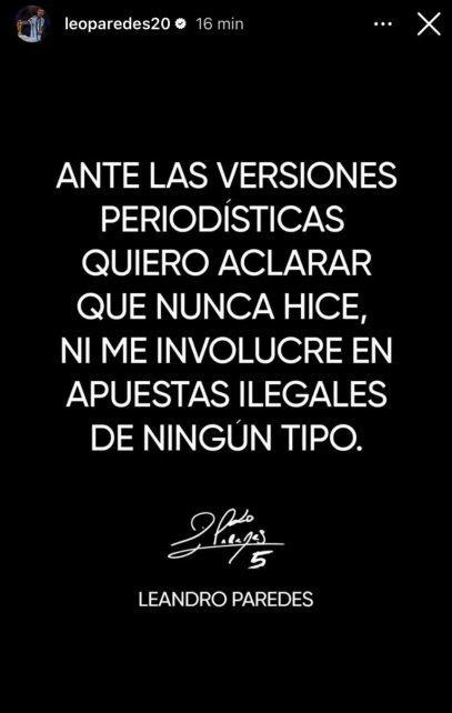 El descargo de Leandro Paredes en sus redes sociales. El descargo de Leandro Paredes en sus redes sociales.