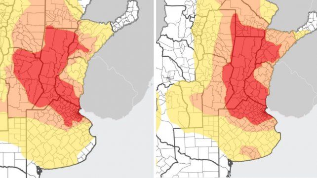 A la izquierda, en rojo, la sequía severa en Entre Ríos en diciembre; a la derecha, durante enero