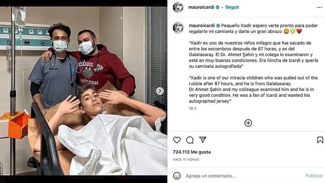 “Pequeño Kadir espero verte pronto para poder regalarte mi camiseta y darte un gran abrazo”, señaló Mauro Icardi