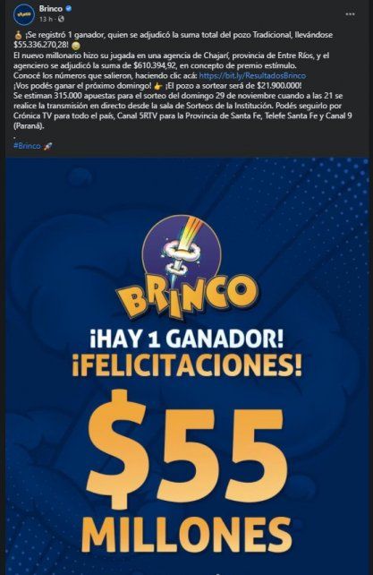 La publicación en Facebook del ganador de Chajarí