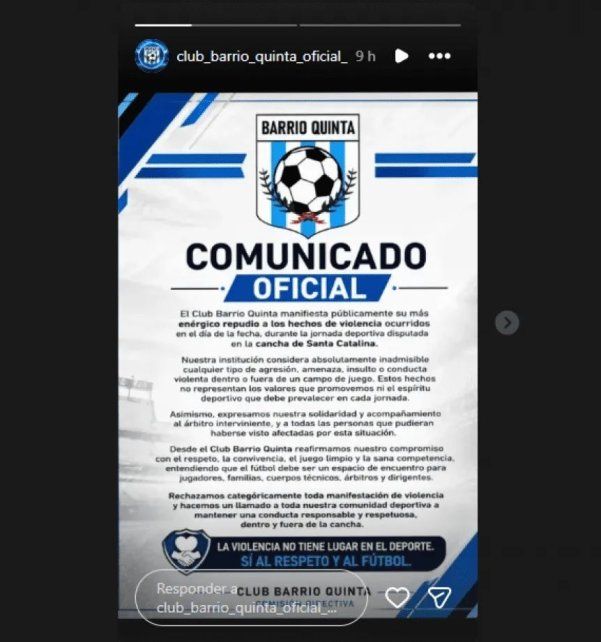 El comunicado oficial del Club Barrio Quinta. El comunicado oficial del Club Barrio Quinta.
