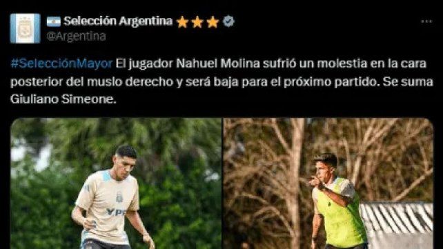 El comunicado oficial de la Selección Argentina en la red social X. El comunicado oficial de la Selección Argentina en la red social X.