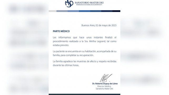 Después de haber sido intervenida quirúrgicamente, el Sanatorio Mater Dei emitió un comunicado sobre el estado de salud de Mirtha Legrand