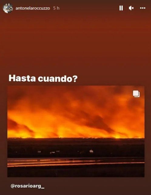 La rosarina Antonela Roccuzzo publicó dos historias de Instagram con imágenes del fuego que arrasa el humedal del delta de Paraná