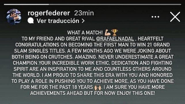 Roger Federer felicitó a Rafa Nadal por su Grand Slam N° 21