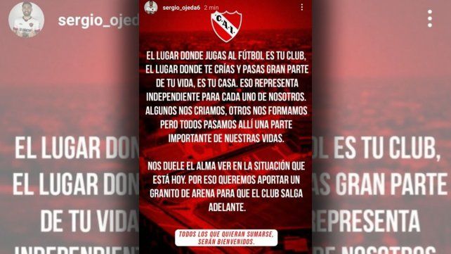 El capitán de Patronato Sergio Ojeda utilizó las redes sociales para convocar a la colecta virtual creada por Santiago Maratea.