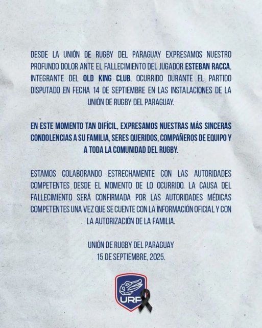 El comunicado de la Unión de Rugby de Paraguay para despedir a Esteban Racca. El comunicado de la Unión de Rugby de Paraguay para despedir a Esteban Racca.