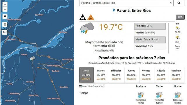 El Servicio Meteorológico Nacional muestra tormentas para todo este lunes en Paraná.