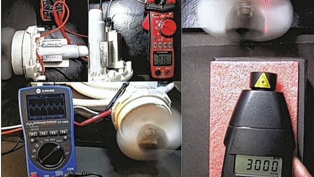 Motor síncrono. Tipo PMSM/IPM conectado al osciloscopio que muestra la forma de onda de tensión no lineal, también conectado al multímetro digital que muestra la caída de tensión de 110 (voltios), y a la pinza amperométrica que muestra la caída del flujo de corriente eléctrica a 0,075 (amperios) y la constante en la velocidad de la pala a 3000 (RPM).  