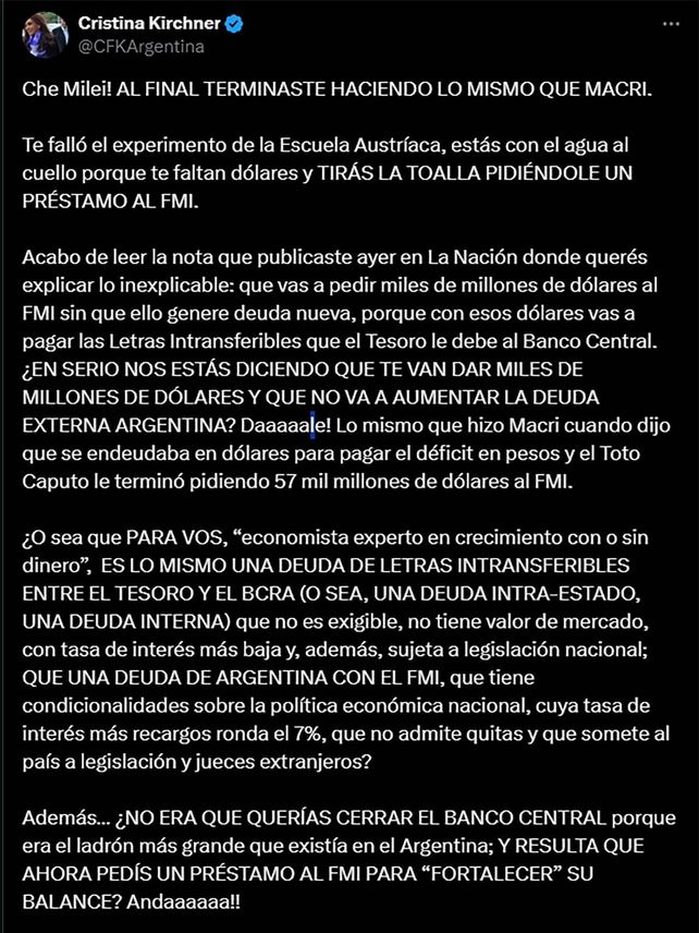 Cristina Fernández criticó a Javier Milei por acudir al FMI: "Tirás la toalla" Cristina Fernández criticó a Javier Milei por acudir al FMI: "Tirás la toalla"