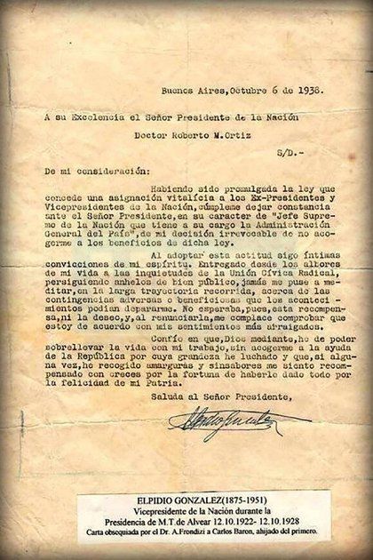 Un ejemplo. Nota enviada por el vicepresidente Elpidio González al presidente de la Nación, renunciando al beneficio de la pensión vitalicia.