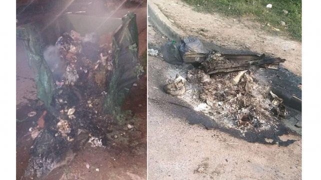 Dos de los contenedores quemados en Paraná esta madrugada.