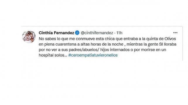 Cinthia Fernández opinó de manera certera vía Twitter luego de observar el posteo en Instagram de Tamara Pettinato donde se mostró a puro llanto en fotos