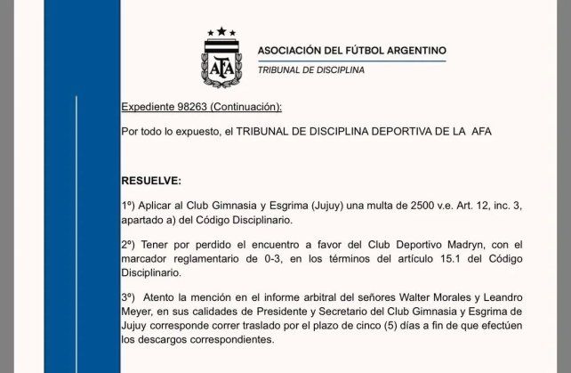Oficial: el Tribunal de Disciplina le da por ganado el partido a Deportivo Madryn ante Gimnasia de Jujuy Oficial: el Tribunal de Disciplina le da por ganado el partido a Deportivo Madryn ante Gimnasia de Jujuy
