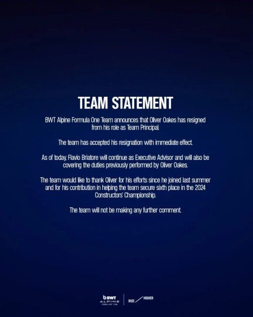 El breve comunicado con el que Alpine confirmó la renuncia de Oliver Oakes como jefe de equipo. El breve comunicado con el que Alpine confirmó la renuncia de Oliver Oakes como jefe de equipo.