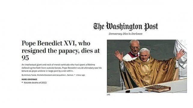 La muerte de Benedicto XVI fue tapa en todos los portales internacionales. "Un gigante intelectual y una roca de certeza moral", publicó The Washington Post