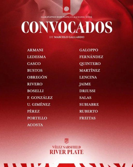 La lista de convocados por Marcelo Gallardo para enfrentar a Vélez. La lista de convocados por Marcelo Gallardo para enfrentar a Vélez.
