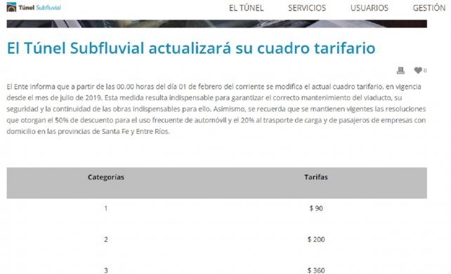 El Ente del T&uacute;nel Subfluvial inform&oacute; hoy del aumento del peaje.&nbsp;