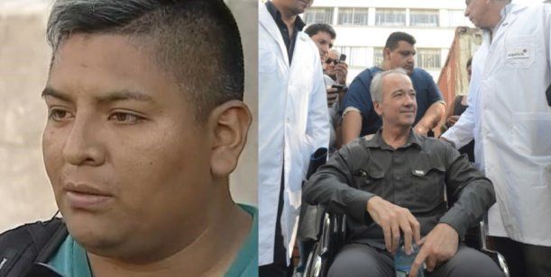 El policía Luis Oscar Chocobar, hoy juzgados, y el turista Joe Wolek luego del hecho.