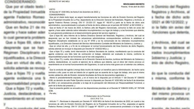 El Gobierno dio de baja a Federico Limongi como Jefe de Dominios del Registro de la Propiedad Inmueble de La Paz. El Gobierno dio de baja a Federico Limongi como Jefe de Dominios del Registro de la Propiedad Inmueble de La Paz.